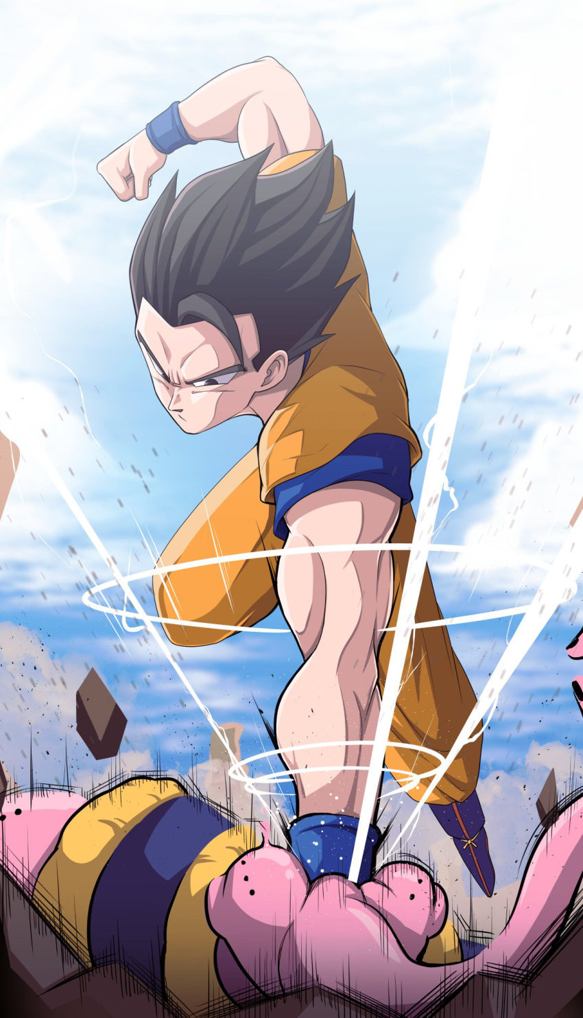 2boys act_(act_1113) baggy_pants battle biceps black_eyes black_hair blue_footwear blue_shirt blue_sky blue_wristband boots clenched_hands closed_mouth clouds colored_skin commentary_request day debris dougi dragon_ball dragon_ball_z face_punch highres in_the_face looking_at_another majin_buu male_focus motion_lines multiple_boys muscular muscular_male orange_pants outdoors pants pink_skin potential_unleashed punching raised_fist rock serious shirt short_sleeves sky smoke son_gohan spiky_hair v-shaped_eyebrows wristband