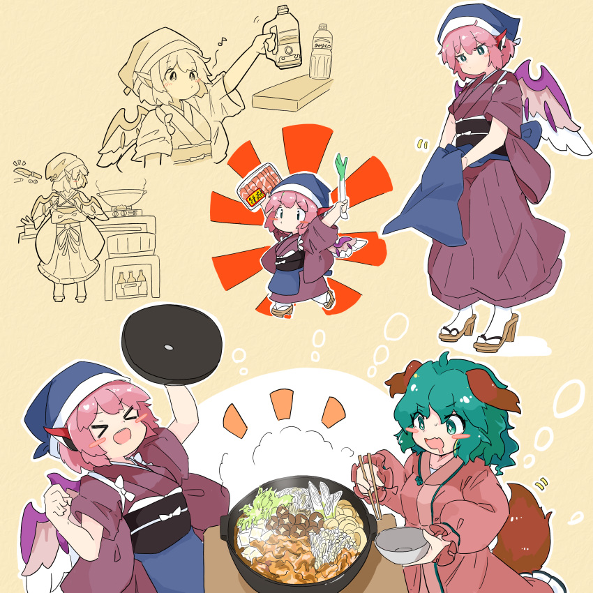 &gt;_&lt; 2girls absurdres animal_ears bird_ears bird_wings blue_headwear blush_stickers bowl brown_kimono chopsticks commission commissioner_upload cooking dog_ears dog_tail drooling food green_eyes green_hair grey_eyes grey_wings head_scarf highres holding holding_bowl holding_chopsticks holding_food holding_spring_onion holding_vegetable japanese_clothes kasodani_kyouko kimono mouth_drool multiple_girls mystia_lorelei nabe obi okamisty open_mouth pink_hair sash short_hair skeb_commission smile spring_onion tail tatutaniyuuto touhou vegetable white_wings wide_sleeves wings