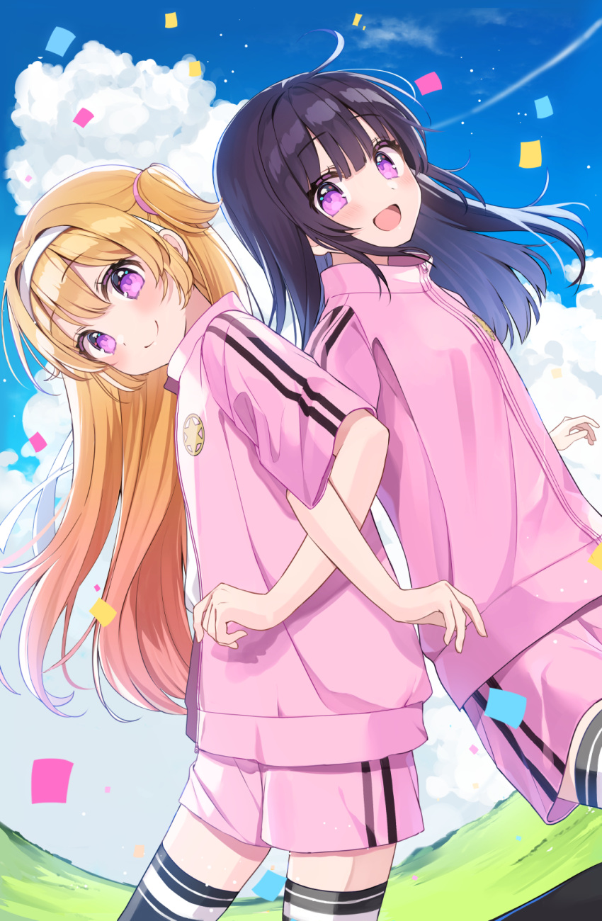 2girls :d black_hair black_thighhighs blonde_hair blue_sky confetti from_side hair_ribbon hairband highres hinata_to_hikari jacket looking_at_viewer multiple_girls novel_illustration official_art pink_jacket pink_ribbon pink_shorts ribbon shorts sky smile thigh-highs track_jacket two_side_up violet_eyes white_hairband yushima