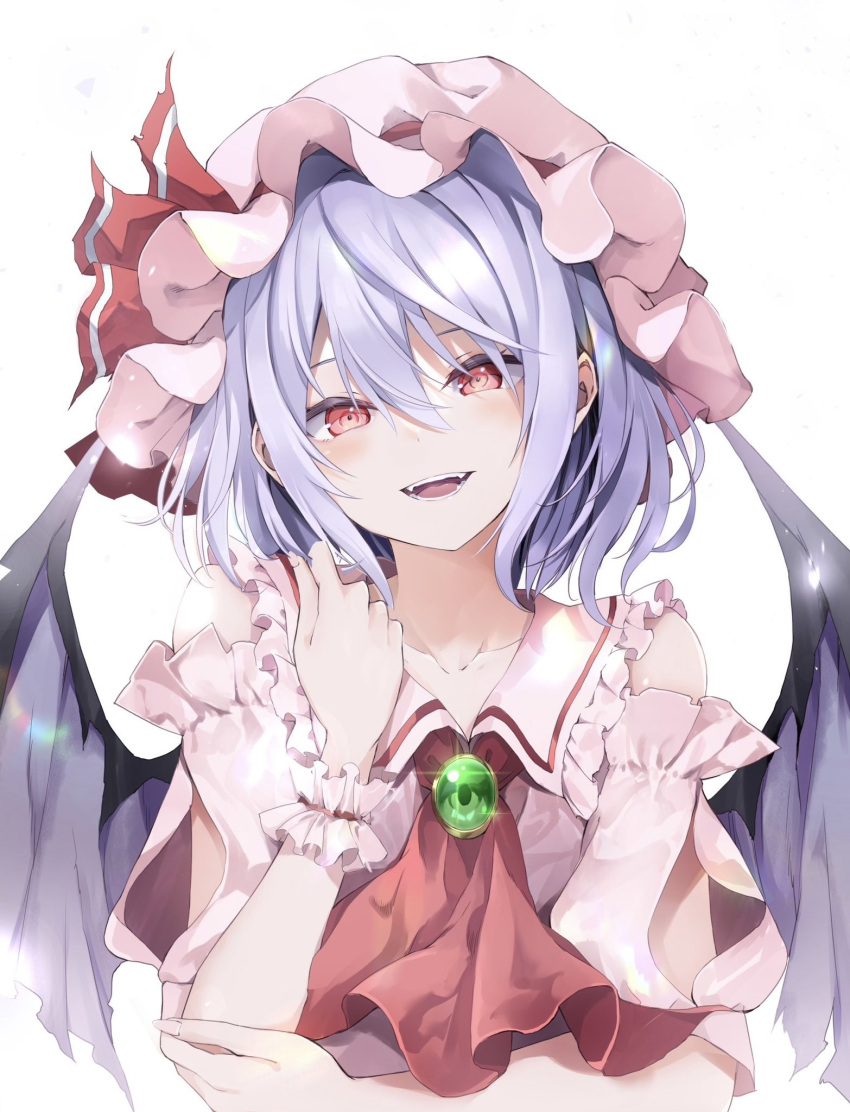 1girl :d adapted_costume arm_under_breasts ascot bare_shoulders bat_wings blue_hair brooch flat_chest frilled_shirt_collar frills glint hair_between_eyes hand_up hat head_tilt highres hyurasan jewelry looking_at_viewer mob_cap open_mouth pink_eyes red_ascot remilia_scarlet simple_background smile solo teeth touhou upper_body white_background wings