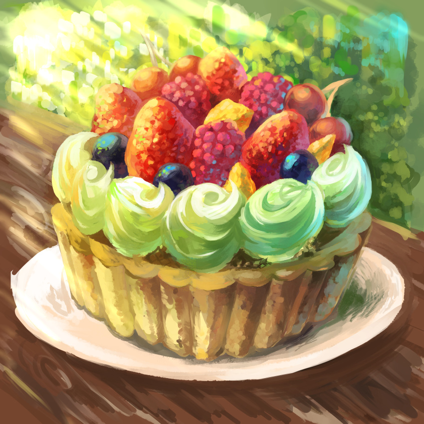 absurdres blueberry cake cherry dessert food food_focus fruit fruit_tart highres nanohana_wave no_humans original pastry plant plate raspberry still_life strawberry sweets table tart_(food) whipped_cream