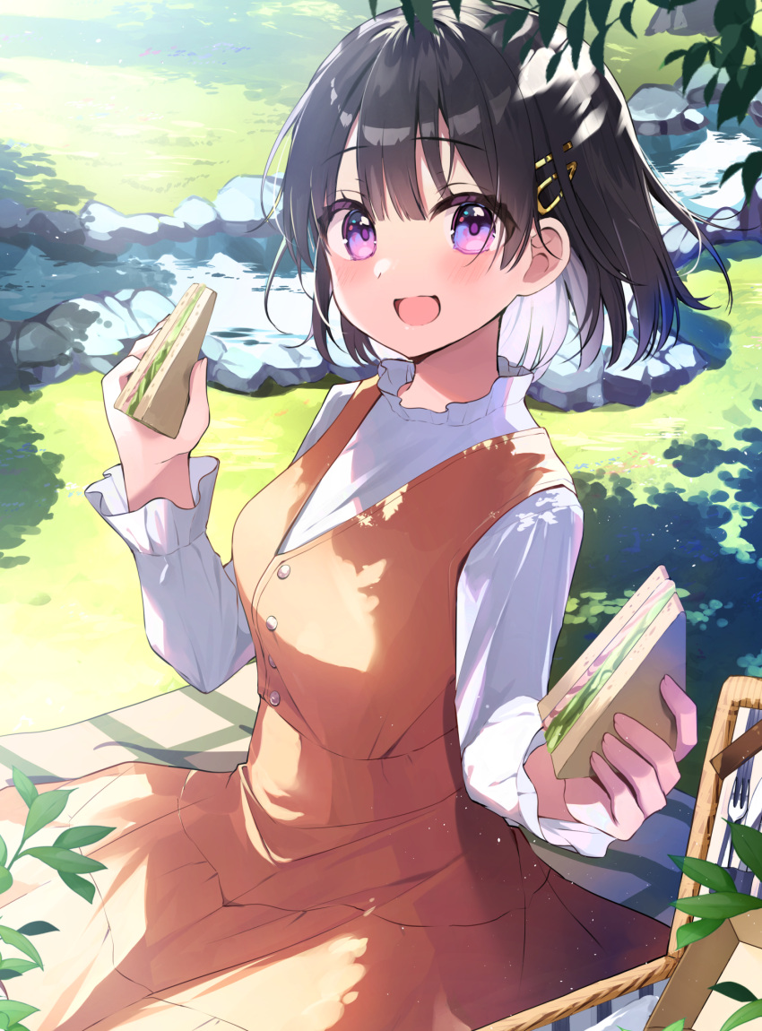 1girl :d blush commentary_request dress food hair_ornament hairclip highres holding holding_food long_sleeves looking_at_viewer official_art orange_dress original picnic_basket sandwich shirt sitting smile solo violet_eyes white_shirt yushima