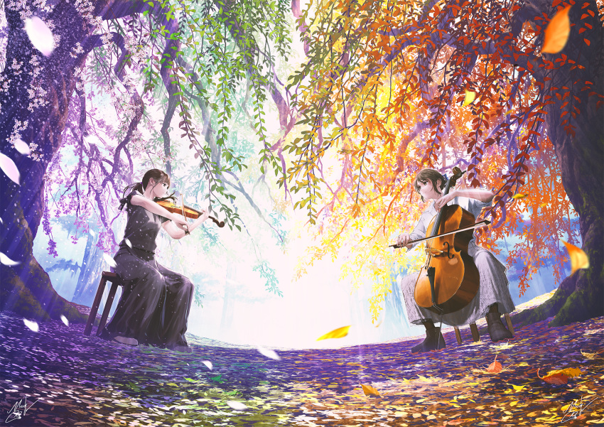 2girls black_dress black_footwear black_hair boots bow_(music) brown_eyes cello closed_mouth commentary_request day dress falling_leaves fisheye highres holding holding_bow_(music) holding_instrument instrument leaf long_dress mocha_(cotton) multiple_girls music original outdoors playing_instrument scenery short_sleeves sitting smile stool sunlight tree violin white_dress