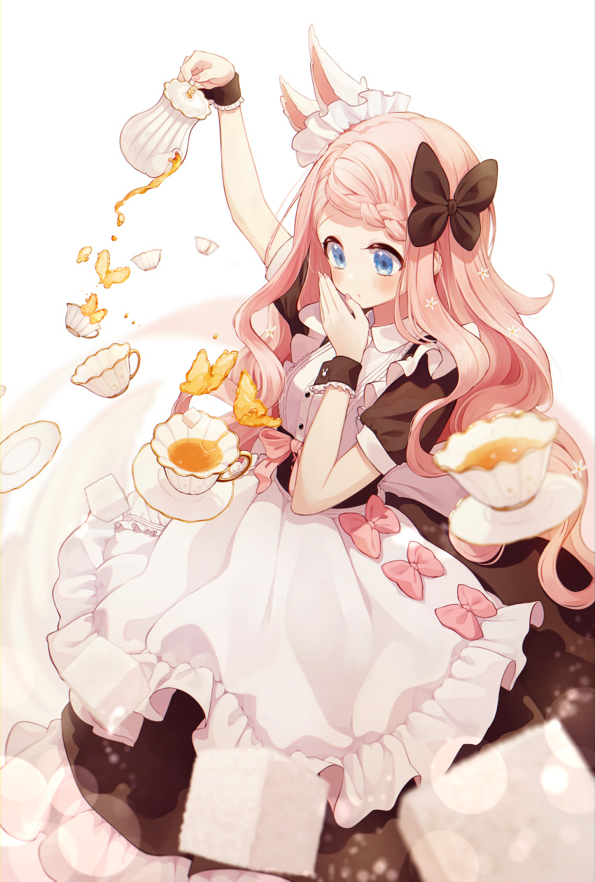 1girl absurdres animal_ears apron black_dress blunt_bangs blush bow braid braided_bangs commentary_request cup dress frilled_apron frills hair_bow highres huge_bow long_dress long_hair looking_at_object maid maid_apron original pink_hair pinkusan pouring puffy_short_sleeves puffy_sleeves rabbit_ears short_sleeves solo teacup teapot waist_bow white_apron wrist_cuffs