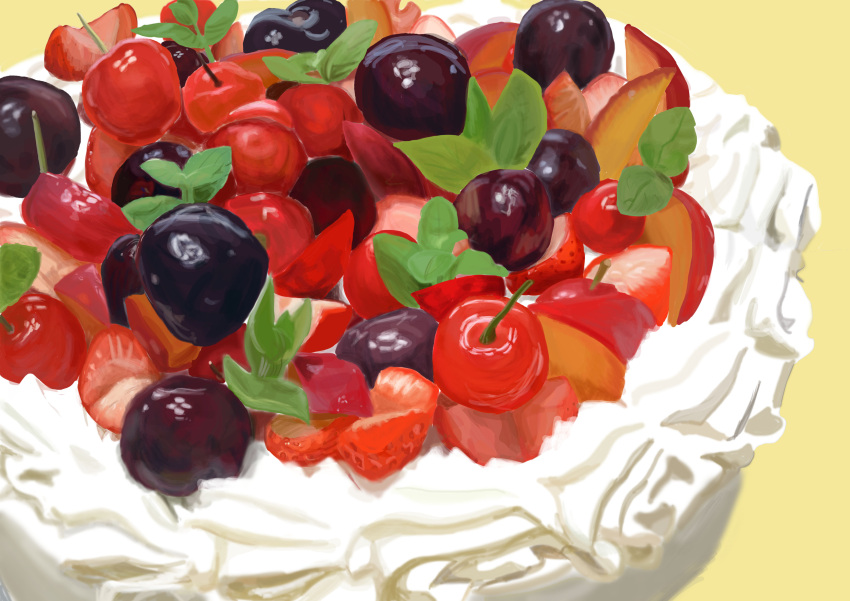 5410123581321imas absurdres cake cherry food food_focus fruit highres icing leaf no_humans original shadow simple_background still_life strawberry yellow_background