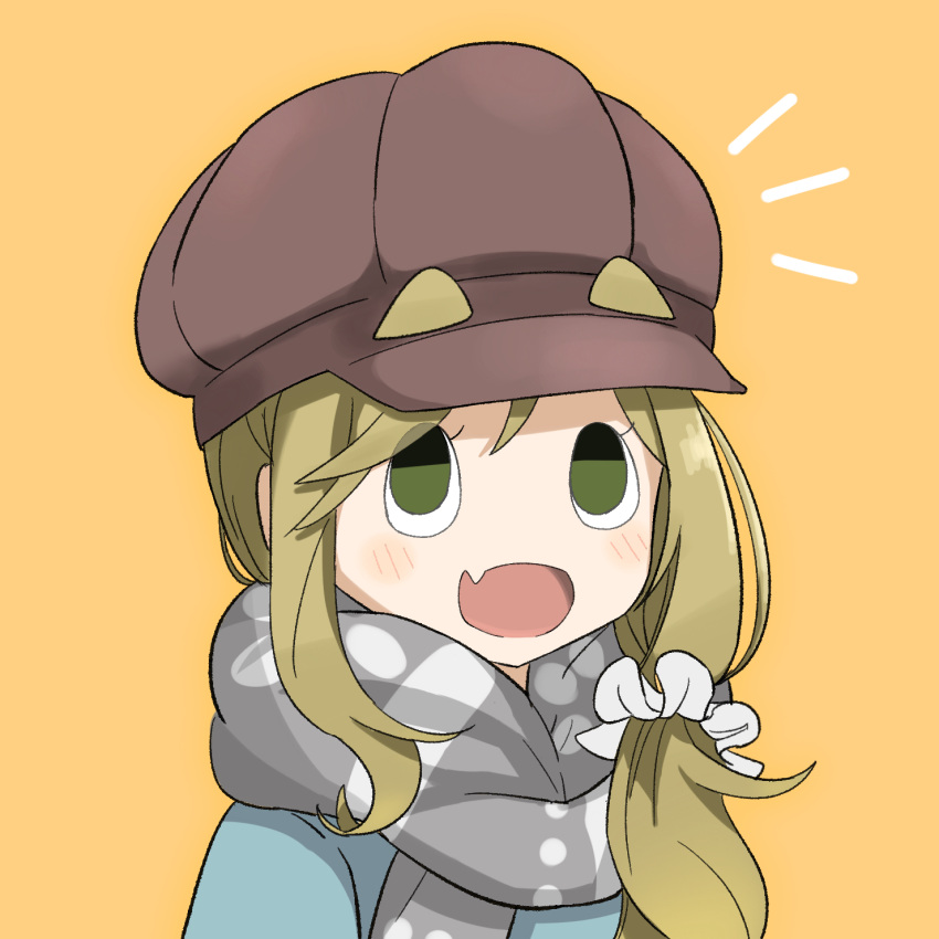1girl :d blonde_hair blush brown_headwear chibi commentary_request double-parted_bangs eyes_visible_through_hair fang green_eyes grey_scarf hair_between_eyes hair_ornament hair_scrunchie highres inuyama_aoi long_hair notice_lines open_mouth partial_commentary pigbone_cafe rolling_eyes scarf scrunchie short_eyebrows side_ponytail sidelocks simple_background smile solo thick_eyebrows white_scrunchie yellow_background yurucamp