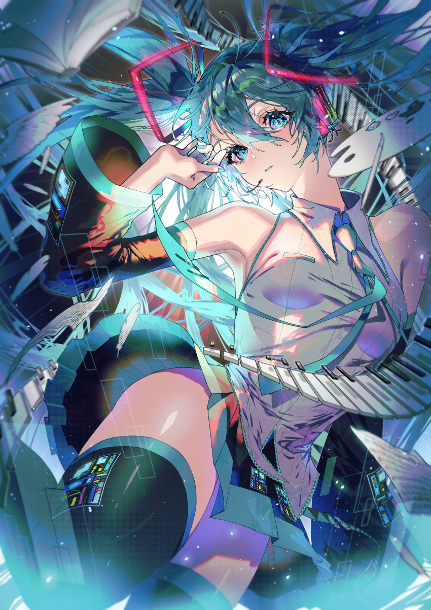 1girl absurdres adjusting_hair aqua_eyes aqua_hair aqua_nails arm_tattoo arm_up bare_shoulders blush book breasts commentary detached_sleeves feathered_wings feathers fingernails hair_between_eyes hair_ornament hatsune_miku headset highres jewelry light_blush long_hair long_sleeves looking_at_viewer nail_polish necktie number_tattoo paintbrush palette_(object) paper parted_lips piano_keys pleated_skirt shirt skirt small_breasts solo tattoo technology thigh-highs twintails vocaloid vvpxo wide_sleeves wings zettai_ryouiki
