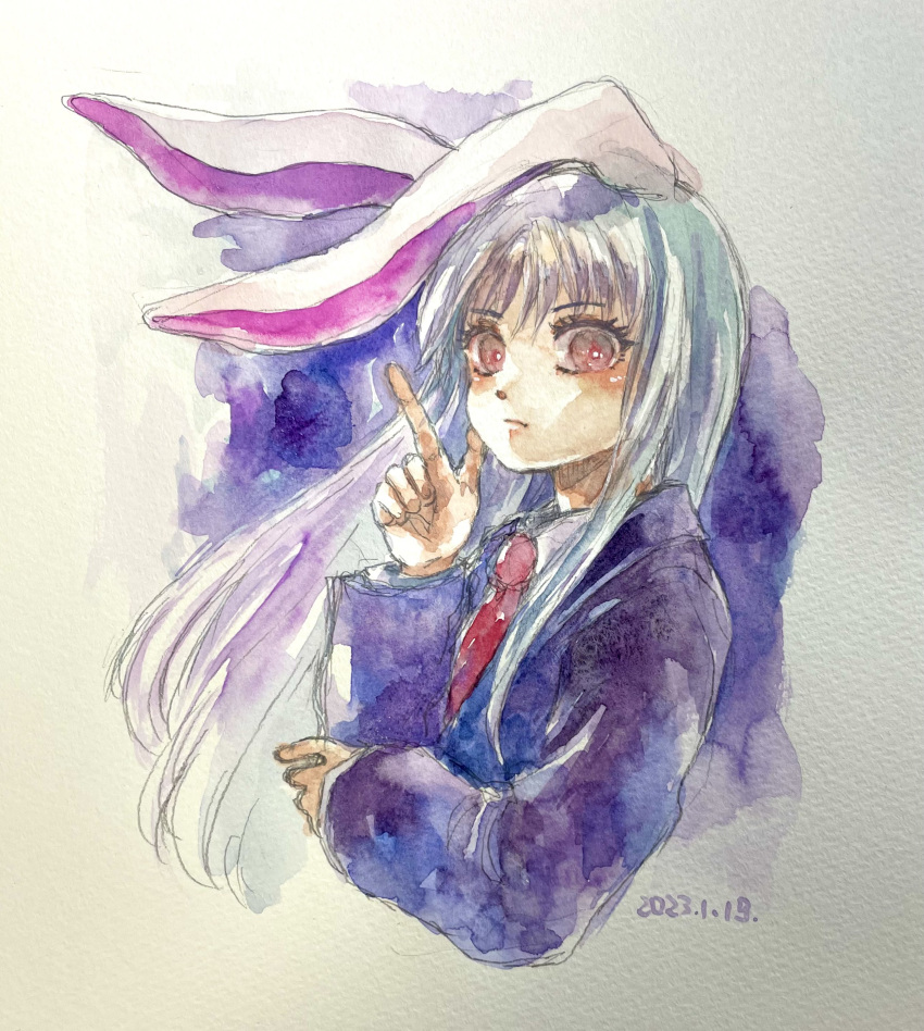 1girl absurdres copyright_request dated highres index_finger_raised long_hair looking_at_viewer necktie one-hour_drawing_challenge painting_(medium) red_eyes reisen_udongein_inaba shiroma_(mamiko) touhou traditional_media violet_eyes watercolor_(medium) white_background