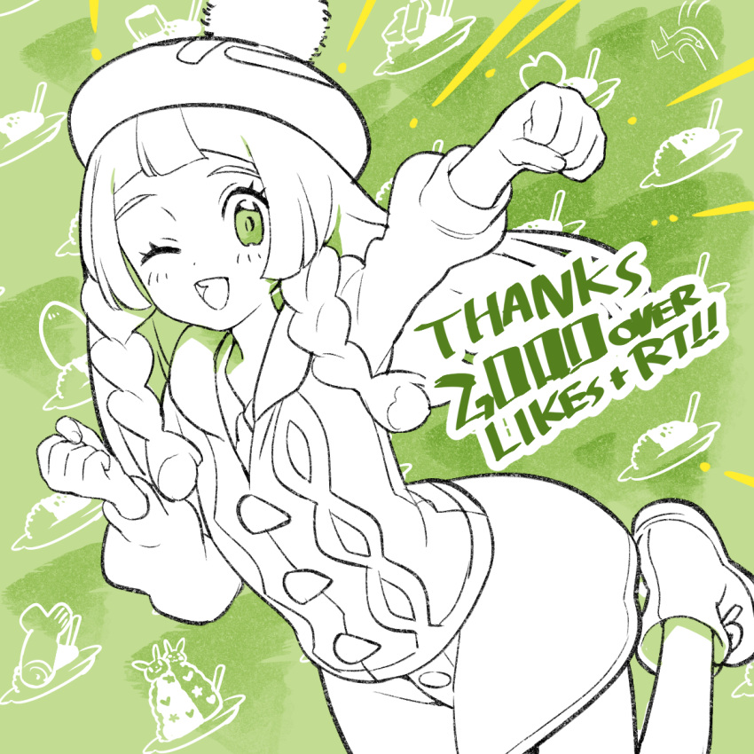 1girl ;d blunt_bangs boots braid buttons cable_knit cardigan clenched_hands collared_dress cosplay dress gloria_(pokemon) gloria_(pokemon)_(cosplay) green_background green_eyes hat highres hooded_cardigan kinocopro lillie_(pokemon) long_hair looking_at_viewer milestone_celebration one_eye_closed open_mouth pokemon pokemon_(game) pokemon_sm pokemon_swsh smile solo tam_o'_shanter thank_you twin_braids