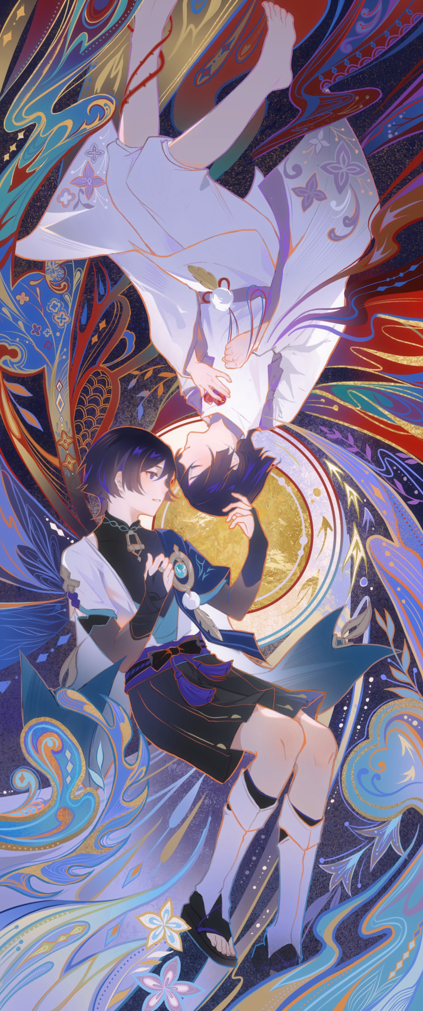 2boys abstract_background absurdres barefoot black_bow black_hair black_ribbon black_shirt black_shorts blue_cape blunt_ends bow bridal_gauntlets cape chinese_commentary closed_eyes commentary_request dual_persona feathers feet genshin_impact hakama hakama_shorts hands_up highres jacket japanese_clothes kimono looking_at_another male_focus multicolored_hair multiple_boys neck_ribbon no_headwear obi open_clothes pants parted_bangs parted_lips plant pom_pom_(clothes) profile purple_hair purple_sash red_ribbon ribbon rope sandals sash scaramouche_(genshin_impact) scaramouche_(kabukimono)_(genshin_impact) shirt short_hair short_sleeves shorts sidelocks sleeveless sleeveless_shirt tassel thorns toes upside-down vines violet_eyes vision_(genshin_impact) wanderer_(genshin_impact) white_jacket white_kimono white_pants xinxi97251086
