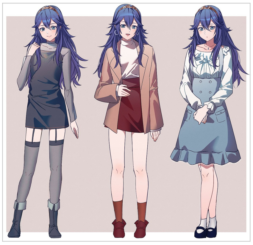 3girls :o alternate_costume ameno_(a_meno0) black_dress black_footwear blouse blue_eyes blue_footwear blue_hair blue_skirt brown_jacket buttons closed_mouth collarbone contemporary dress fire_emblem fire_emblem_awakening full_body grey_thighhighs hair_between_eyes high-waist_skirt jacket jewelry long_hair long_sleeves looking_at_viewer lucina_(fire_emblem) multiple_girls multiple_persona necklace open_clothes open_jacket open_mouth orange_socks pocket red_footwear red_skirt see-through see-through_sleeves shirt shoes skirt smile socks sweater thigh-highs tiara turtleneck turtleneck_sweater white_shirt white_socks white_sweater