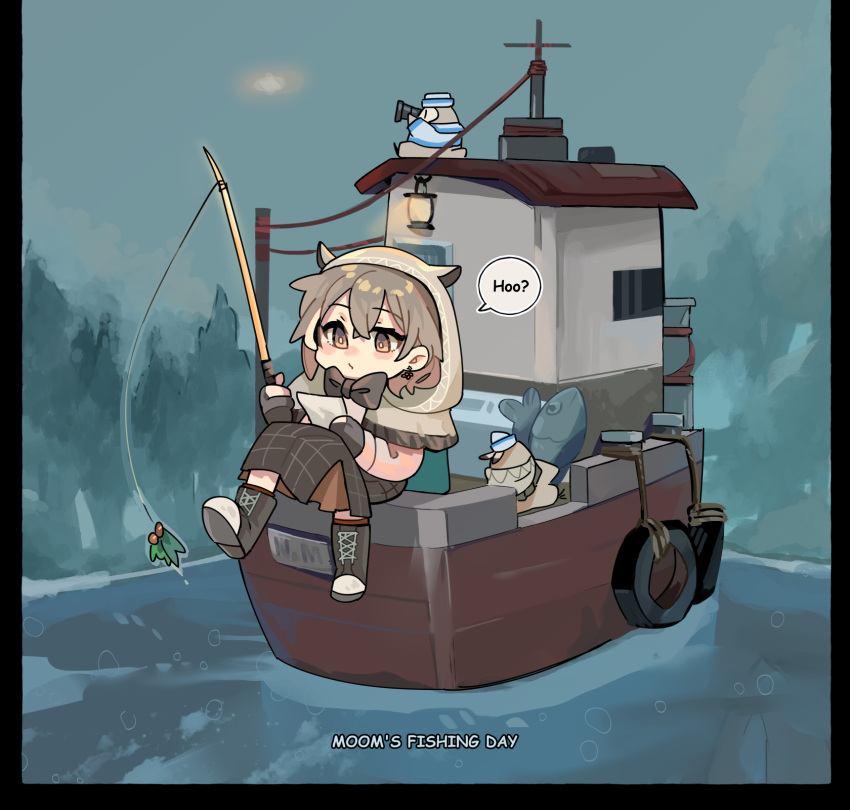 1girl animal berry binoculars boat brown_capelet brown_cloak brown_eyes brown_footwear brown_hair brown_skirt bubble capelet cloak crossed_bangs dredge_(video_game) earrings english_text fish fishing fishing_rod fongban_illust food-themed_earrings forest gloves grey_sky hat high_tops highres holding holding_animal holding_binoculars holding_fish holding_fishing_rod holding_paper hololive hololive_english hood hood_up hooman_(nanashi_mumei) jewelry long_skirt multicolored_hair nanashi_mumei nanashi_mumei_(2nd_costume) nature outdoors paper partially_fingerless_gloves plaid plaid_skirt reading red_socks ribbon rope sailboat sailor sailor_collar sailor_hat shirt shoes short_hair skirt sky sneakers socks speech_bubble streaked_hair virtual_youtuber water watercraft white_shirt