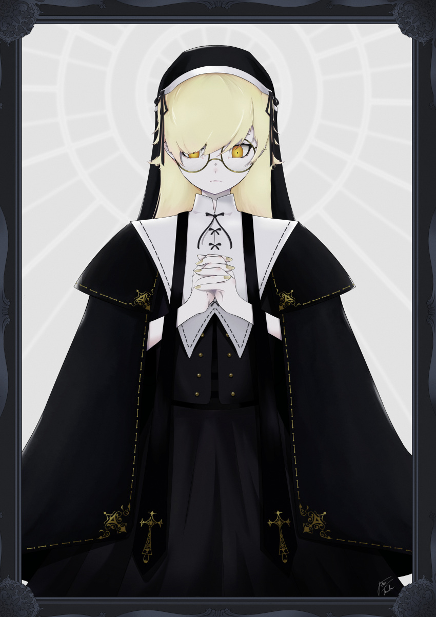 1girl absurdres bespectacled black_border black_dress blonde_hair border closed_mouth constricted_pupils cross dress framed glasses habit highres jerrykasker16 long_hair monogatari_(series) nun oshino_shinobu own_hands_clasped own_hands_together robe round_eyewear solo veil yellow_eyes