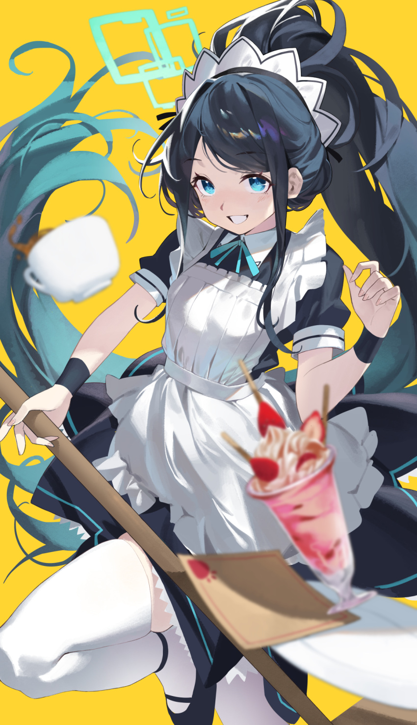 1girl absurdly_long_hair apron aris_(blue_archive) aris_(maid)_(blue_archive) black_dress black_hair black_wristband blue_archive blue_eyes cup dress green_halo highres holding holding_mop ktr_(tpun2553) long_hair looking_at_viewer maid maid_apron maid_headdress mop mug official_alternate_costume parfait ponytail puffy_short_sleeves puffy_sleeves short_sleeves smile strawberry_parfait thigh-highs very_long_hair white_apron white_thighhighs