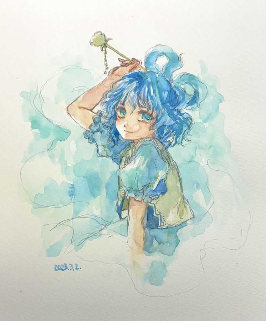 1girl arm_above_head blue_dress copyright_request dated dress frilled_sleeves frills hair_ornament hair_stick highres kaku_seiga looking_at_viewer medium_hair one-hour_drawing_challenge painting_(medium) shiroma_(mamiko) short_sleeves touhou traditional_media vest watercolor_(medium) white_background yellow_vest