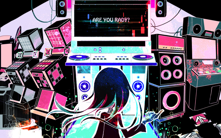 1girl absurdres arcade_cabinet arrow_(symbol) bemani buttons cable colorful cube english_text facing_away highres index_finger_raised light_particles long_hair long_sleeves mitsu3_haya pop'n_music solo speaker