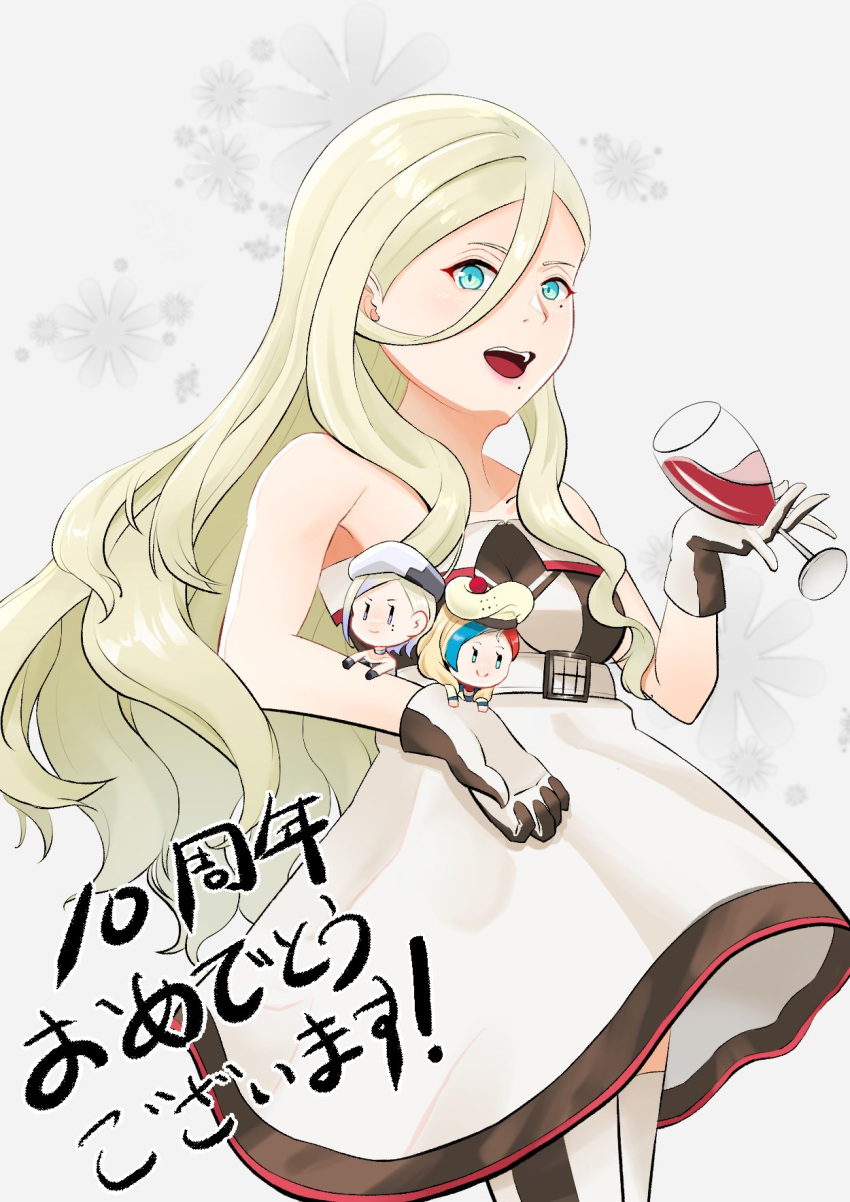 0sumi_3 1girl alcohol anniversary bare_shoulders blonde_hair blue_eyes character_doll commandant_teste_(kancolle) commentary_request cup dress drinking_glass hair_between_eyes highres jean_bart_(kancolle) kantai_collection long_hair mole mole_under_eye mole_under_mouth open_mouth richelieu_(kancolle) smile strapless strapless_dress thigh-highs two-tone_dress two-tone_gloves two-tone_legwear wine wine_glass