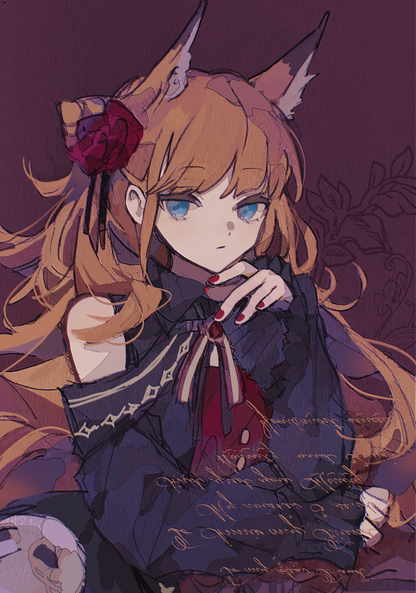 1girl absurdly_long_hair absurdres animal_ears arknights bare_shoulders black_dress blonde_hair blue_eyes cat_ears cat_girl dress finger_to_own_chin flower hair_flower hair_ornament highres iris_(arknights) iris_(mirror_visitor)_(arknights) long_hair long_sleeves looking_at_viewer nail_polish neya-ido official_alternate_costume red_dress red_nails solo two-tone_dress very_long_hair