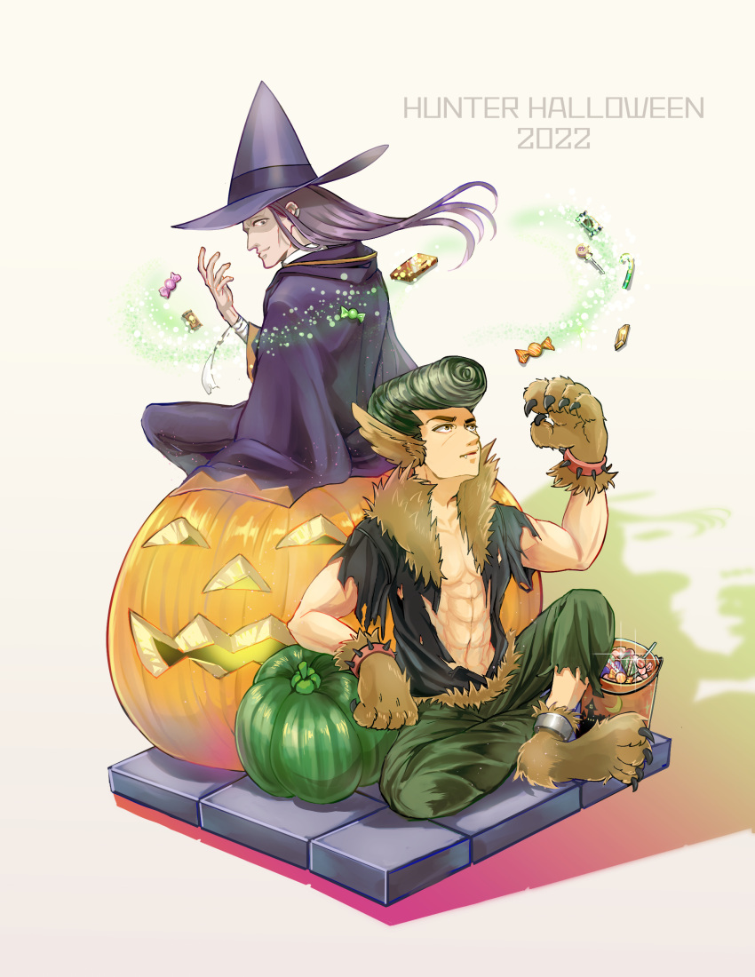 2boys absurdres alternate_costume alternate_hairstyle black_hair candy fangs floating floating_object food full_body hair_down halloween halloween_costume hasuno_ne hat highres hunter_x_hunter jack-o'-lantern knuckle_bine long_hair male_focus multiple_boys pompadour purple_hair shirt shoot_mcmahon short_hair sitting toned toned_male werewolf_costume witch witch_hat