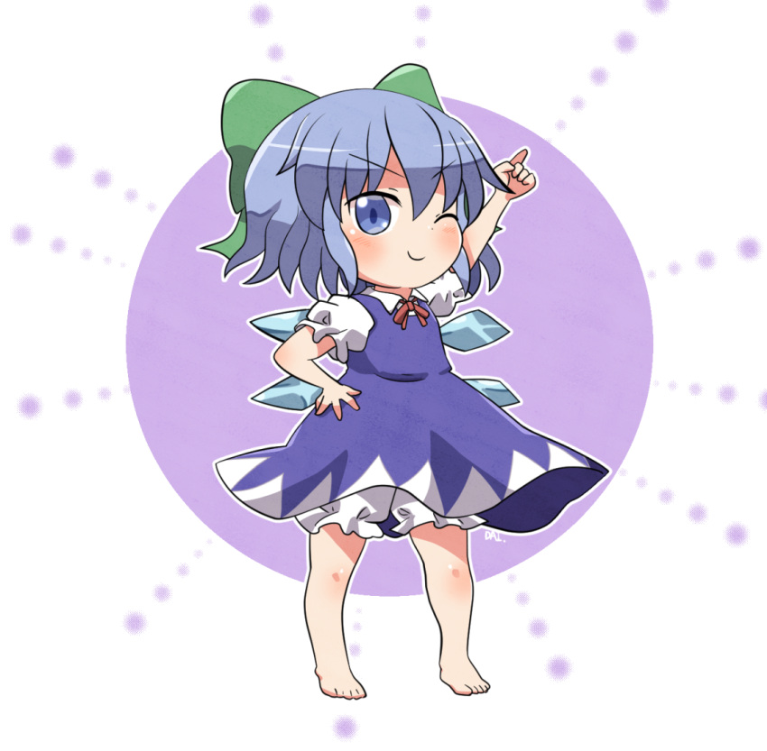 1girl arm_up barefoot blue_dress blue_eyes blue_hair blush bow cirno closed_mouth collared_shirt dress fairy full_body green_bow hair_between_eyes hair_bow ice ice_wings one_eye_closed rokugou_daisuke shirt short_hair short_sleeves smile solo touhou white_shirt wings