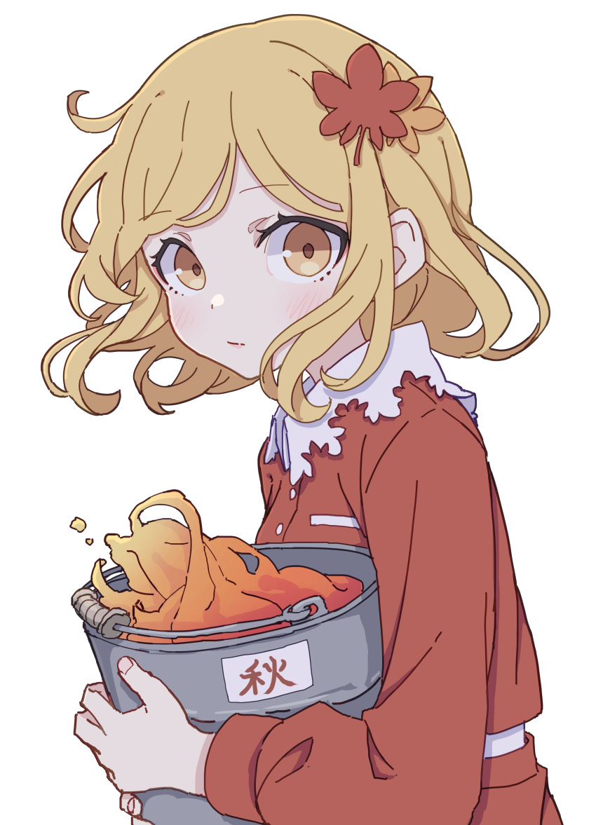1girl absurdres aki_shizuha blonde_hair blush bucket closed_mouth hair_ornament highres holding holding_bucket kame_(kamepan44231) leaf_hair_ornament long_sleeves looking_at_viewer one-hour_drawing_challenge paint red_shirt shirt short_hair simple_background solo touhou upper_body white_background yellow_eyes