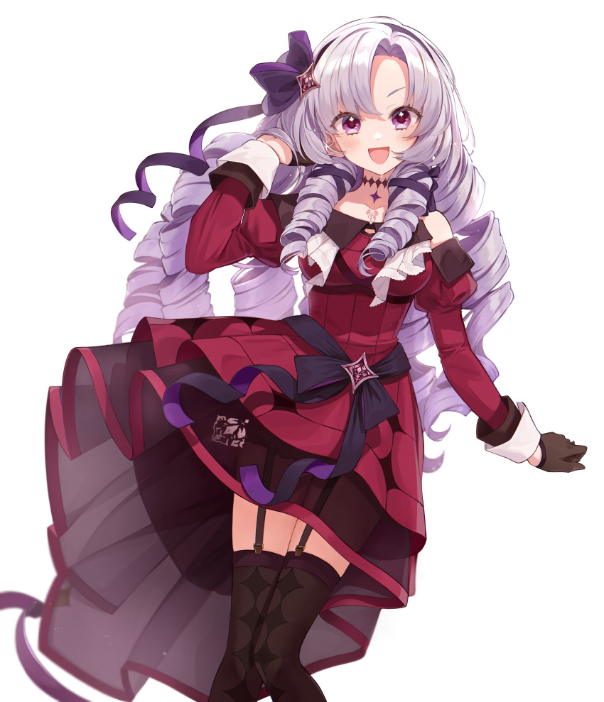 1girl :d absurdres blush breasts brown_gloves brown_thighhighs chest_tattoo commentary_request dress drill_hair drill_locks feet_out_of_frame forehead garter_straps gloves hair_ribbon high-low_skirt highres hyakumantenbara_salome juliet_sleeves large_breasts long_hair long_sleeves looking_at_viewer nijisanji overskirt pinkusan puffy_sleeves purple_hair purple_ribbon red_dress ribbon see-through see-through_skirt skirt smile solo standing star_(symbol) star_in_eye symbol_in_eye tattoo thigh-highs very_long_hair violet_eyes virtual_youtuber