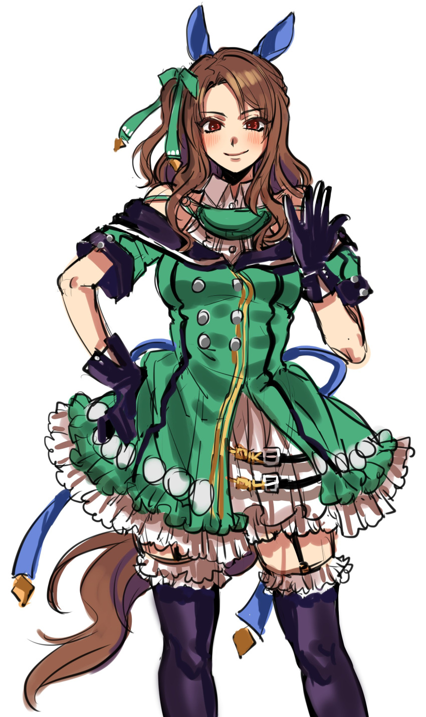 absurdres animal_ears bare_shoulders black_gloves black_thighhighs bow buttons double-breasted dress ear_covers frilled_skirt frills garter_straps gloves green_bow green_dress hair_bow hair_ribbon highres horse_ears horse_girl horse_tail king_halo_(umamusume) kuya_(hey36253625) layered_skirt long_hair looking_at_viewer off-shoulder_dress off_shoulder red_eyes ribbon short_sleeves side_ponytail simple_background skirt smile tail thigh-highs umamusume wavy_hair white_background