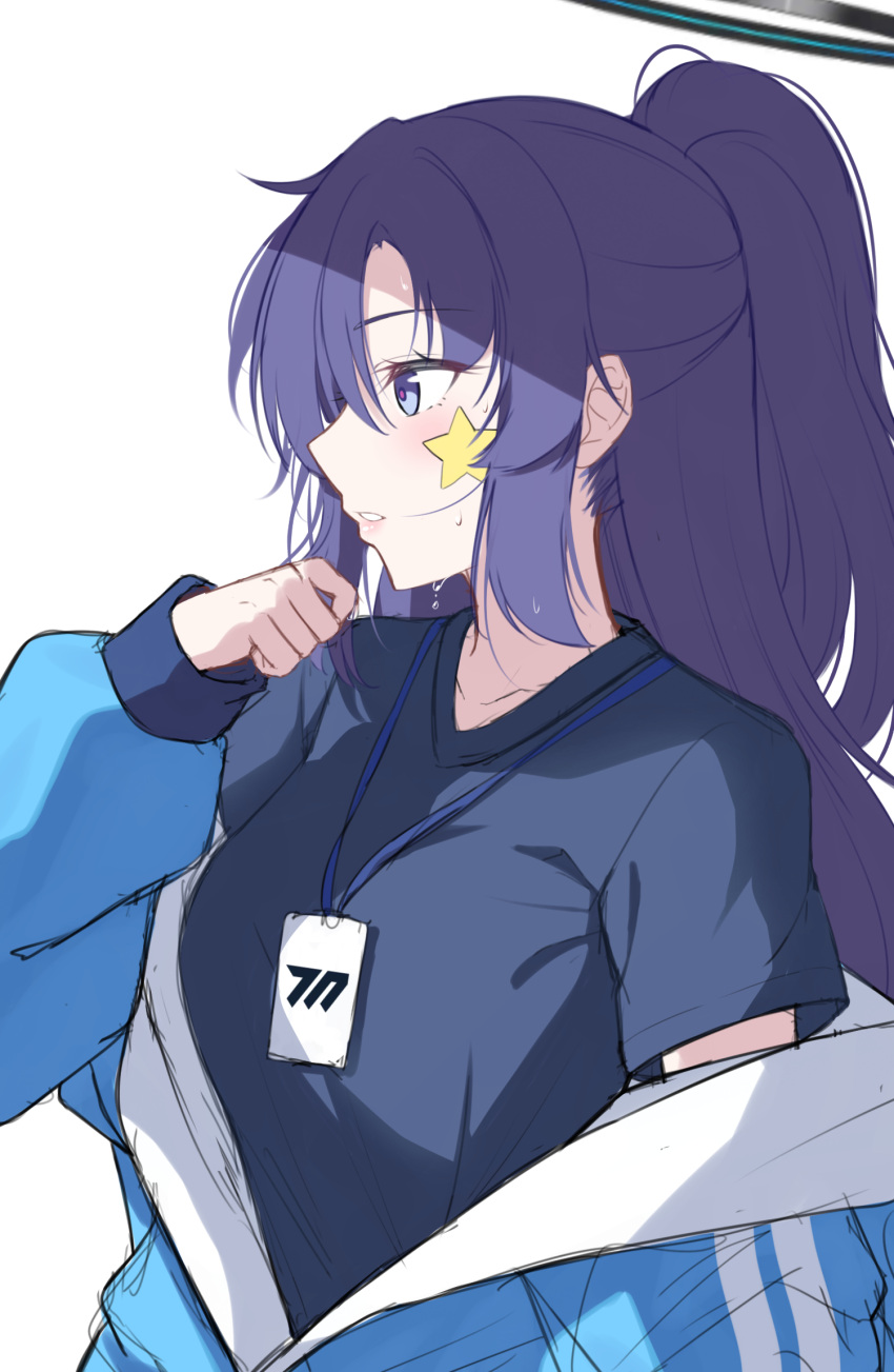 1girl blue_archive blue_eyes breasts commentary facial_mark halo highres jacket off_shoulder parted_lips ponytail purple_hair reia_76 simple_background solo sweat white_background yuuka_(blue_archive) yuuka_(gym_uniform)_(blue_archive)