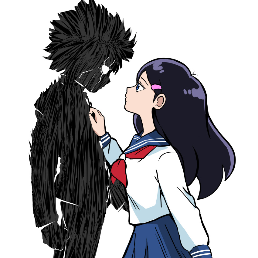 1boy 1girl absurdres black_hair blue_eyes blue_sailor_collar blue_skirt closed_mouth commentary english_commentary eye_contact from_side gakuran hair_ornament hairclip highres kageyama_shigeo long_hair long_sleeves looking_at_another mob_psycho_100 neckerchief red_neckerchief sailor_collar school_uniform serafuku shirt short_hair simple_background skirt standing takane_tsubomi tohrkgk white_background white_shirt