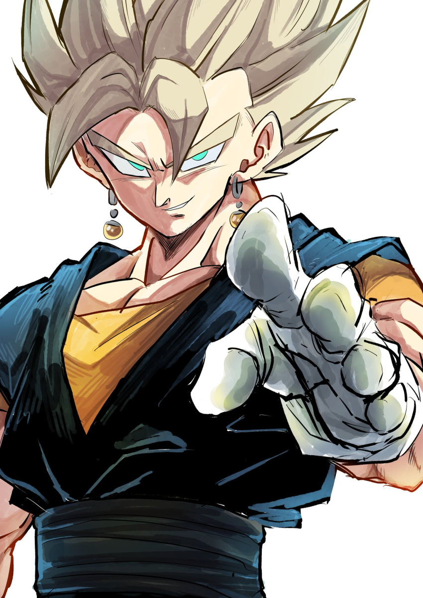 1boy 9302w_(user_wjpg8475) aqua_eyes arm_up blonde_hair dougi dragon_ball dragon_ball_z earrings foreshortening gloves grey_hair grin highres jewelry large_pectorals looking_at_viewer male_focus muscular muscular_male pectorals perspective potara_earrings reaching_towards_viewer simple_background smile solo spiky_hair super_saiyan super_saiyan_1 upper_body vegetto white_background white_gloves