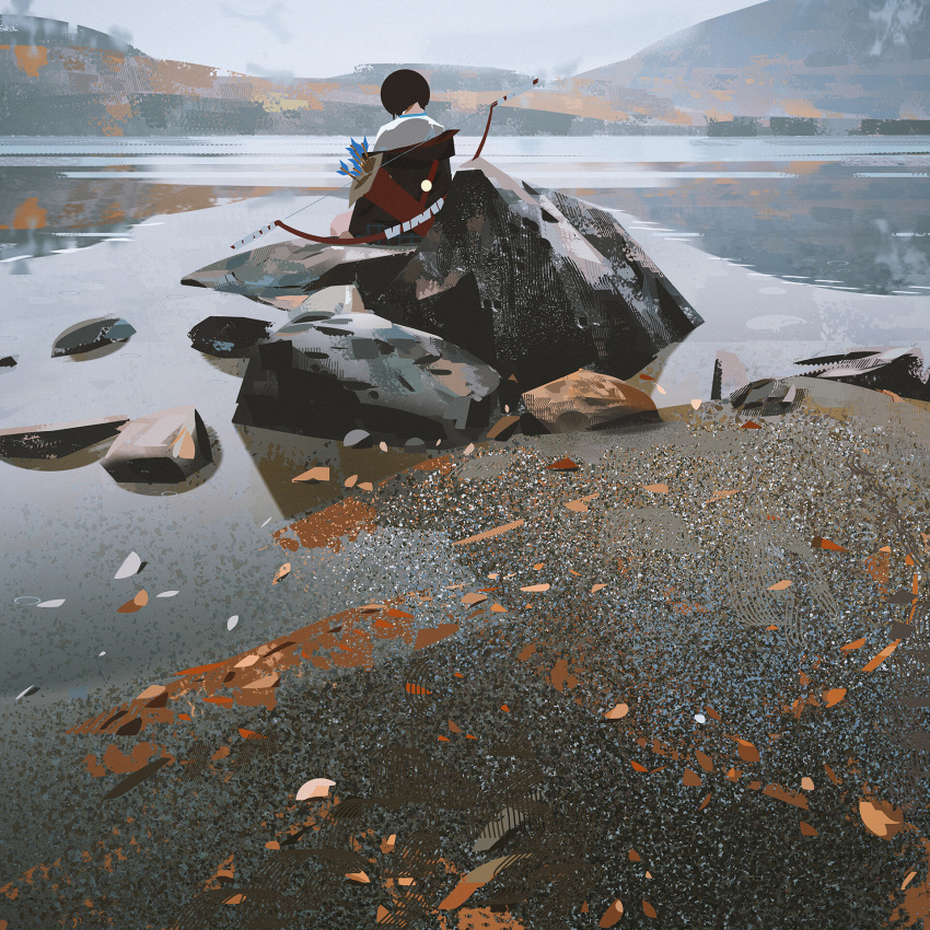 1girl arrow_(projectile) autumn autumn_leaves black_hair bow_(weapon) day from_behind girl_chasing_giants_(yun_ling) highres hood hood_down lake landscape mountain original outdoors reflection rock scenery short_hair sitting sitting_on_rock sky solo weapon yun_ling