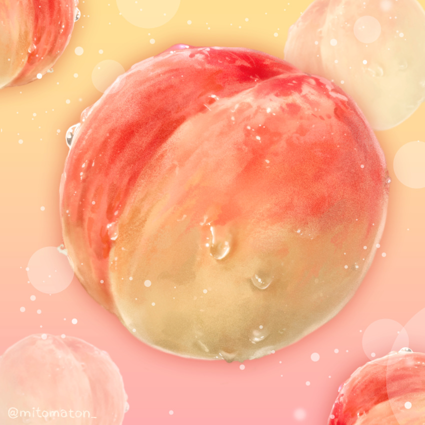 artist_name food food_focus fruit gradient_background highres mitomaton no_humans original peach pink_background realistic still_life twitter_username water_drop yellow_background