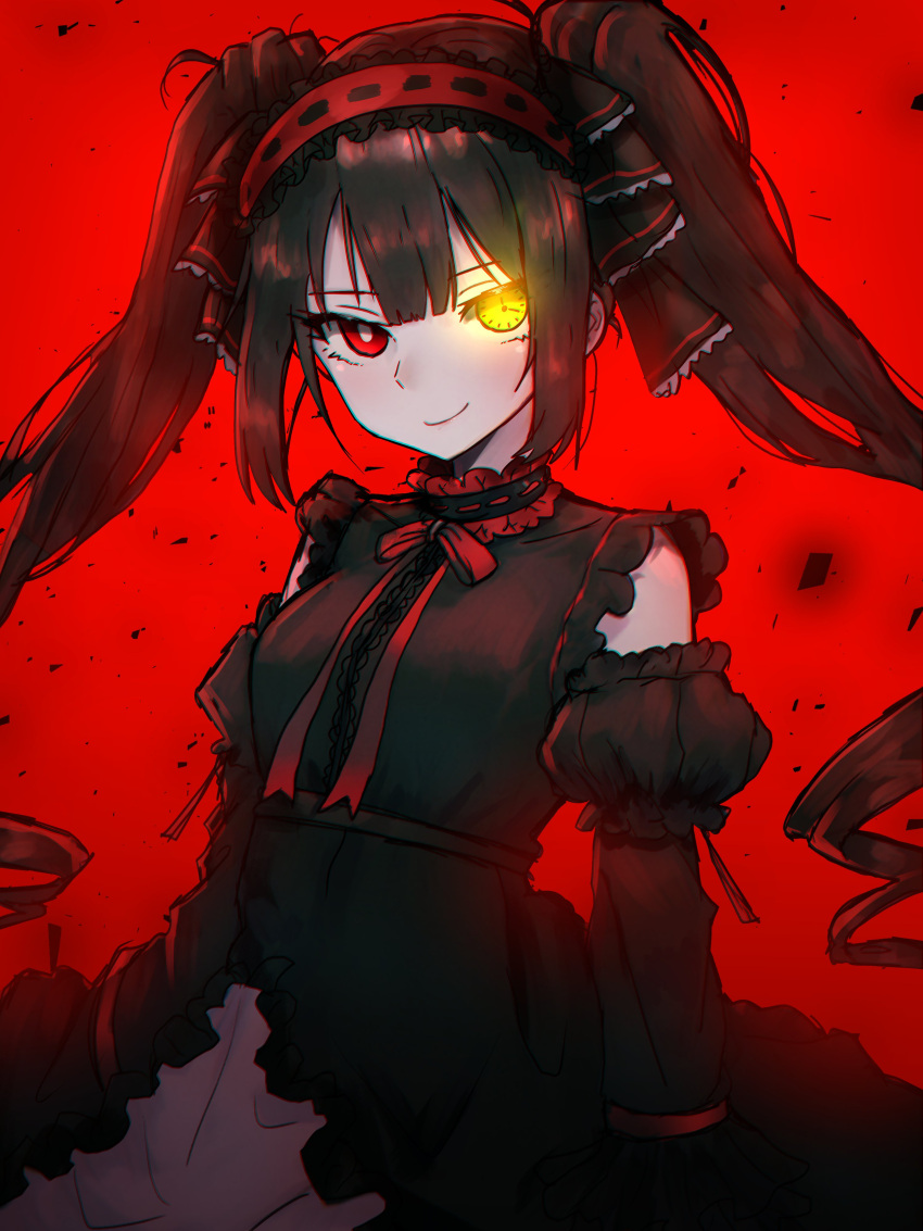 1girl absurdres black_dress black_hair clock_eyes closed_mouth commentary date_a_live detached_sleeves dress ebora frilled_dress frills hair_between_eyes heterochromia highres long_hair looking_at_viewer red_background red_eyes red_theme simple_background sleeveless sleeveless_dress smile solo symbol-shaped_pupils tokisaki_kurumi upper_body yellow_eyes