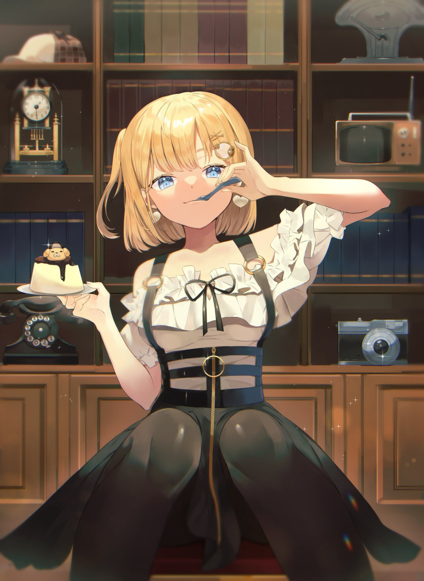 1girl analog_clock black_pantyhose black_skirt blonde_hair blue_eyes bookshelf bubba_(watson_amelia) camera clock dadada earrings feet_out_of_frame food hair_ornament hairclip harness heart heart_earrings highres holding holding_plate holding_spoon hololive hololive_english indoors jewelry knees_together_feet_apart monocle_hair_ornament narrowed_eyes off-shoulder_shirt off_shoulder official_alternate_costume one_side_up pantyhose phone plate pudding puffy_short_sleeves puffy_sleeves rotary_phone shirt short_hair short_sleeves sitting skirt smug solo spoon utensil_in_mouth virtual_youtuber watson_amelia watson_amelia_(2nd_costume)