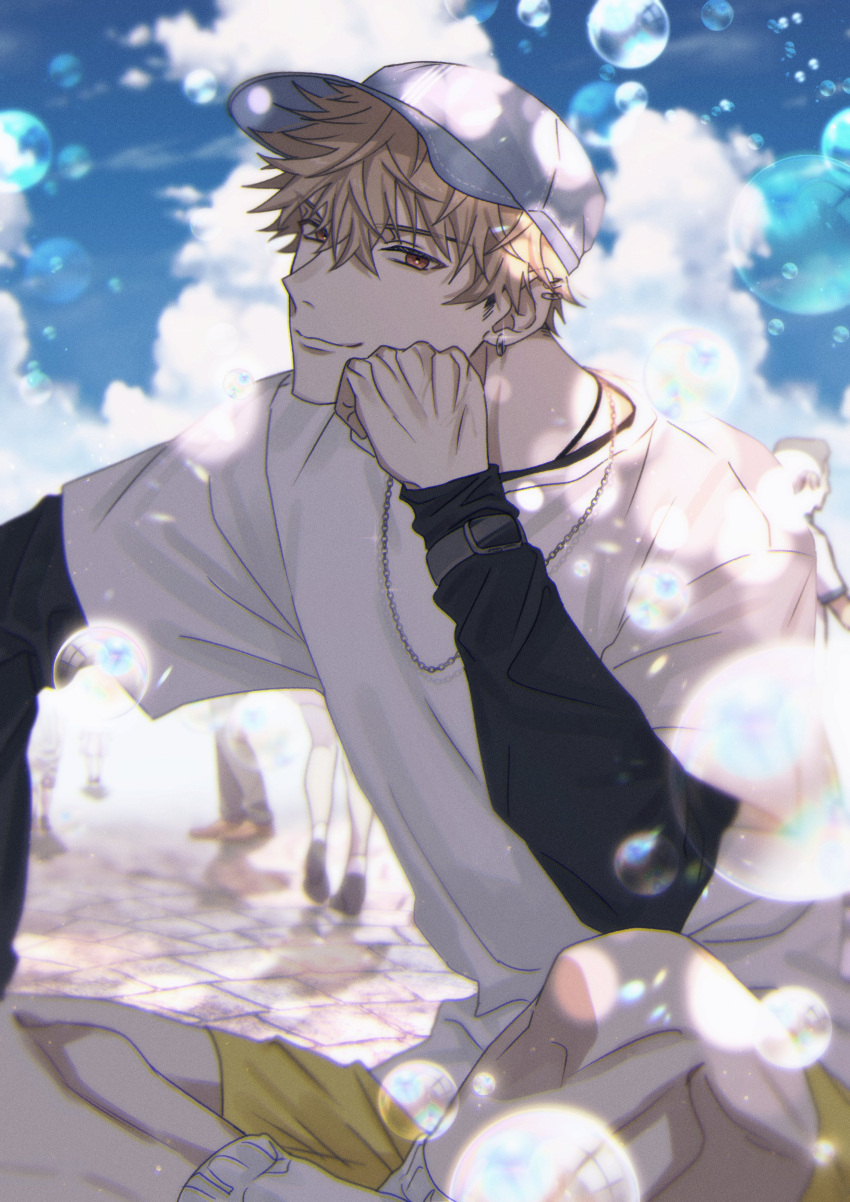 absurdres blonde_hair blue_sky bubble chain_necklace clouds cobblestone ear_piercing given hat highres jewelry long_sleeves male_focus mi_muuuu necklace piercing shorts sky solo_focus yellow_shorts yoshida_yuki_(given)