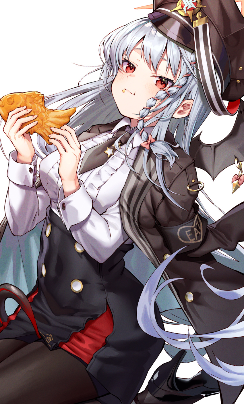 1girl :t armband black_cola black_footwear black_headwear black_jacket black_pantyhose black_skirt black_wings blue_archive bow braid breasts center_frills closed_mouth commentary_request eating food food_on_face frills grey_hair hair_bow halo haruna_(blue_archive) hat high-waist_skirt high_heels highres holding holding_food jacket jacket_on_shoulders long_hair long_sleeves medium_breasts pantyhose peaked_cap pink_bow red_eyes shirt shoe_soles shoes simple_background single_braid skirt solo taiyaki very_long_hair wagashi wavy_mouth white_background white_shirt wings