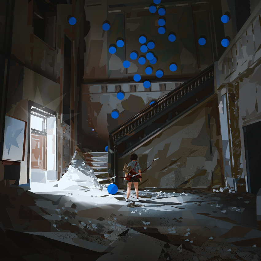 1girl arms_at_sides arrow_(projectile) black_hair black_skirt bow_(weapon) day debris door from_behind girl_chasing_giants_(yun_ling) highres indoors orb original railing scenery shirt short_hair short_sleeves skirt solo stairs standing sunlight weapon yun_ling