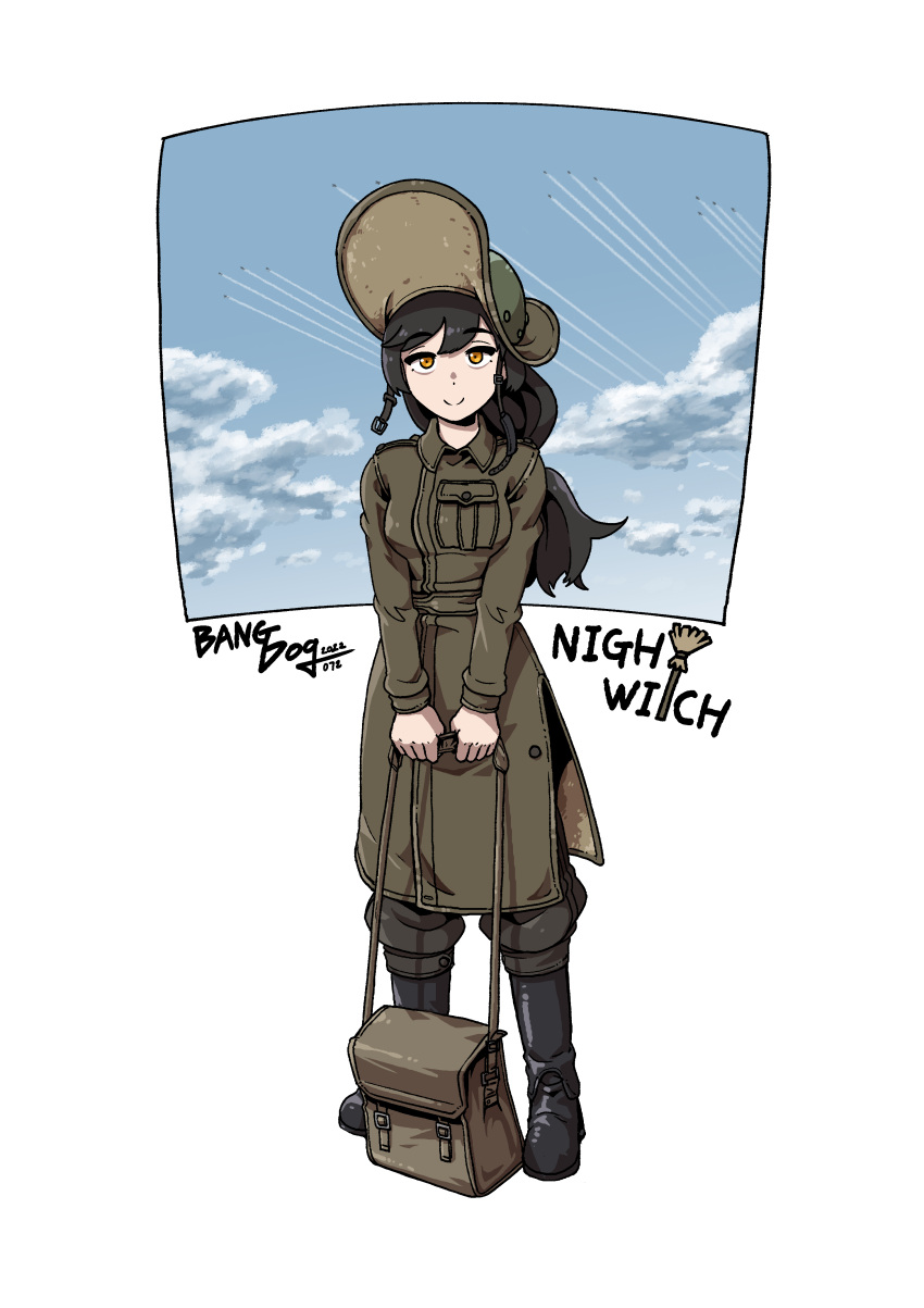 1girl absurdres aircraft airplane army bag bangdog belt black_footwear blue_sky boots breast_pocket chin_strap clouds coat collar contrail deerstalker full_body gaiters hair_between_eyes hat helmet highres holding holding_bag long_hair long_sleeves looking_at_viewer military military_helmet military_uniform pants pocket signature sky smile soldier solo standing swept_bangs thick_eyelashes uniform white_background witch yellow_eyes