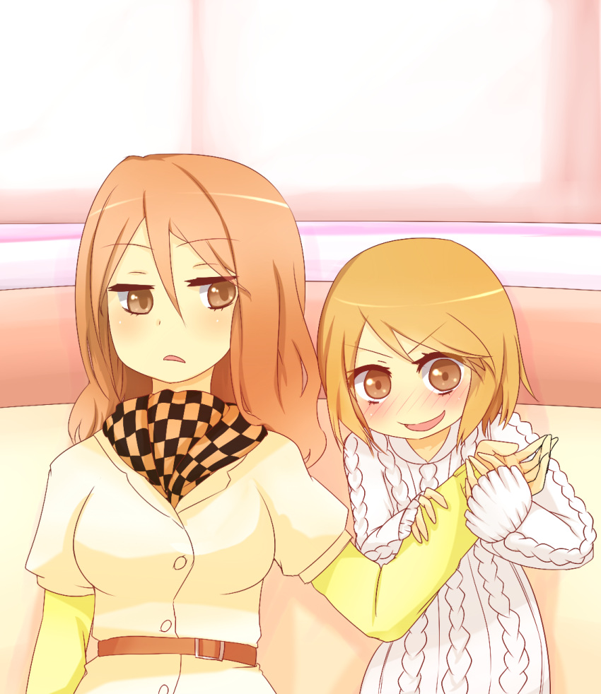 2girls age_difference aran_sweater blush breasts brown_coat brown_eyes cable_knit child coat commentary_request female_child hair_between_eyes hands_up highres holding_another's_arm i.u.y kinuhata_saiai long_hair long_sleeves medium_breasts mugino_shizuri multiple_girls no_nose nose_blush open_mouth short_hair short_sleeves sweater toaru_majutsu_no_index upper_body white_sweater yellow_sleeves yellow_sweater