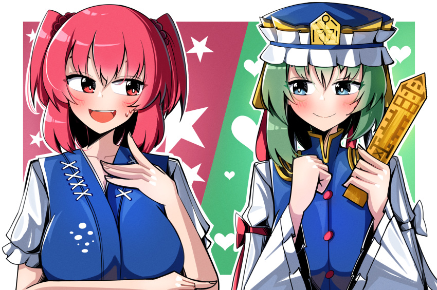 2girls blue_eyes blush breasts buttons closed_mouth commentary english_commentary green_hair hat highres japanese_clothes looking_at_another multiple_girls onozuka_komachi open_mouth outline red_eyes redhead rod_of_remorse shiki_eiki smile spam_(spamham4506) sweat touhou twintails two_side_up upper_body white_outline
