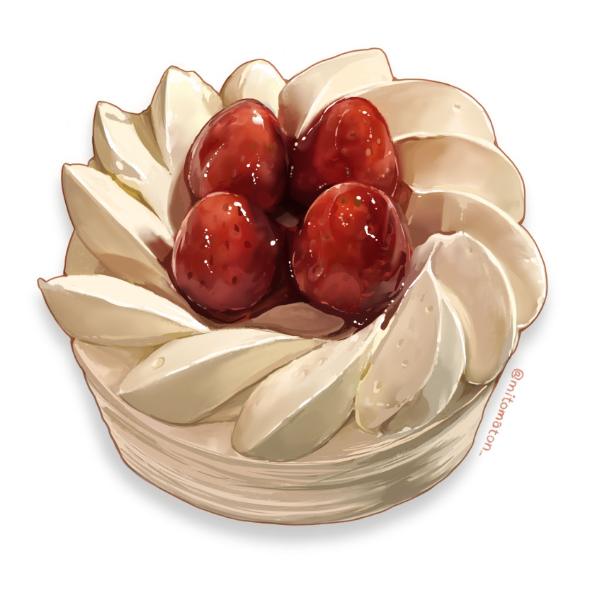 artist_name cake food food_focus fruit highres mitomaton no_humans original realistic simple_background still_life strawberry strawberry_cake twitter_username whipped_cream white_background