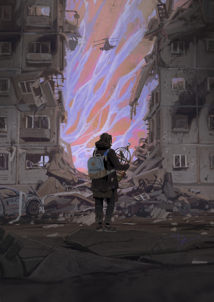 1girl absurdres aircraft backpack bag birdcage black_hair building cage city commentary destruction english_commentary from_behind highres hood hood_down hooded_jacket jacket original outdoors overcast quiet_victories ruins russo-ukrainian_war scenery sky solo standing
