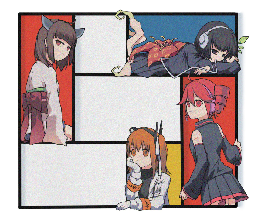 4girls a.i._voice adachi_rei ahoge black_eyes black_hair black_serafuku black_shirt blade blunt_bangs bob_cut bow brown_hair closed_mouth commentary_request composition_c_(no.iii)_with_red_yellow_and_blue detached_sleeves drill_hair empty_eyes eringi_(eringi1829) expressionless film_grain flower gloves hair_ribbon half-closed_eyes hand_on_own_chin head_rest headgear headlamp headset highres jacket japanese_clothes kasane_teto kimono leaf leaf_on_head long_sleeves looking_at_viewer looking_back lying medium_hair microphone monster_girl mouth_hold multiple_girls nene_nene number_tattoo obi obijime on_stomach one_side_up open_clothes open_jacket orange_eyes orange_hair outside_border plant_girl pleated_skirt radio_antenna rectangle red_bow red_eyes red_flower redhead ribbon roots sash school_uniform serafuku shirt short_hair short_kimono skirt sleeveless sleeveless_shirt tattoo touhoku_kiritan turtleneck twin_drills utau voiceroid waist_bow white_gloves white_jacket white_kimono white_ribbon