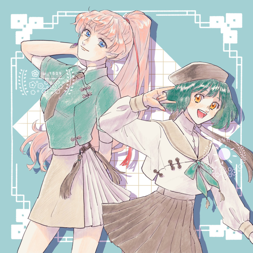 2girls \m/ black_headwear black_necktie blonde_hair blue_eyes breasts brown_skirt collared_shirt commentary earrings floating_hair green_hair green_ribbon green_shirt hair_ribbon head_tilt highres jewelry karin_(w_1529) long_hair looking_at_viewer macross macross_frontier medium_breasts multiple_girls nail_polish necktie open_mouth orange_nails ponytail ranka_lee red_ribbon ribbon sailor_collar sheryl_nome shirt short_hair single_earring skirt smile symbol-only_commentary very_long_hair white_shirt