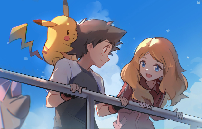 1boy 1girl ash_ketchum black_gloves blonde_hair blue_eyes blurry brown_hair closed_mouth clouds day diancie fingerless_gloves from_below gloves highres holding long_sleeves looking_down mixed-language_commentary outdoors pikachu podayo_po pokemon pokemon_(anime) pokemon_(creature) pokemon_xy_(anime) raglan_sleeves serena_(pokemon) shirt short_hair sky smile t-shirt