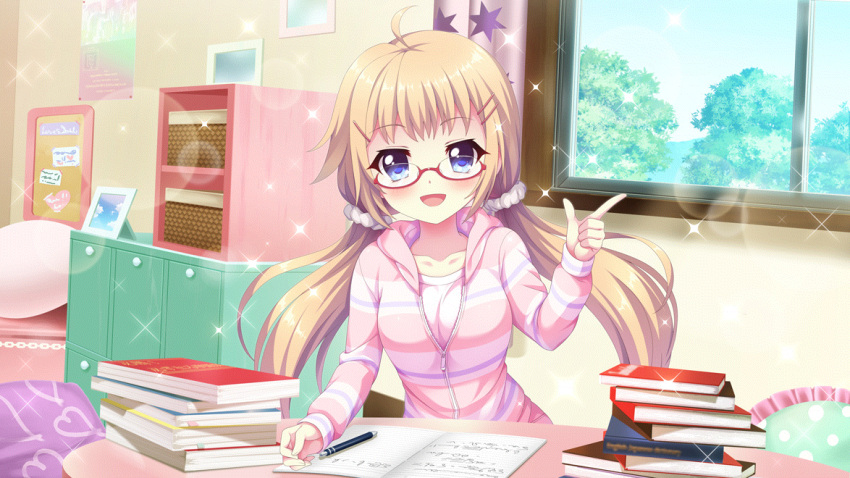 1girl ahoge blue_eyes blue_sky book book_stack breasts bulletin_board collarbone curtains day dot_nose film_grain finger_gun frilled_pillow frills game_cg glasses hair_ornament hair_scrunchie hairclip heart hood hoodie indoors itsumura_haruka izumi_tsubasu lens_flare light_brown_hair long_sleeves low_twintails medium_breasts non-web_source notebook official_art open_book open_mouth partially_unzipped pen picture_frame pillow pink_hoodie pink_shirt polka_dot poster_(object) re:stage! round_table scrunchie shirt sky smile solo sparkle studying table tree twintails white_scrunchie window