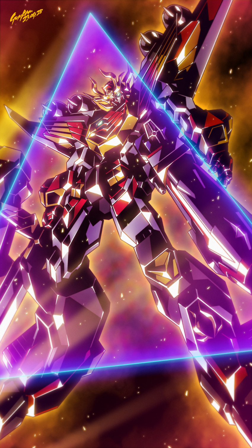 artist_name babamba dated floating glowing glowing_eye green_eyes highres holding holding_sword holding_weapon looking_down mecha no_humans open_hand robot science_fiction solo super_fire_dagwon super_robot sword weapon yuusha_series yuusha_shirei_dagwon