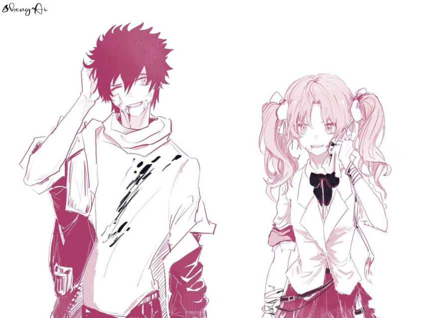 1boy 1girl aisheng_kuroko armband bandage_on_face bandaged_arm bandages belt black_bow black_hair black_pants black_skirt blood blood_on_clothes blood_on_face bow flat_chest grin hand_in_own_hair hand_up jacket kamijou_touma leg_holster limited_palette long_hair long_sleeves looking_at_another miniskirt one_eye_closed open_clothes open_jacket pants parted_bangs pink_eyes pink_hair shirai_kuroko shirt short_hair signature skirt sleeves_rolled_up smile spiky_hair toaru_majutsu_no_index torn_clothes turtleneck twintails upper_body white_background white_bow white_jacket white_shirt wiping_blood