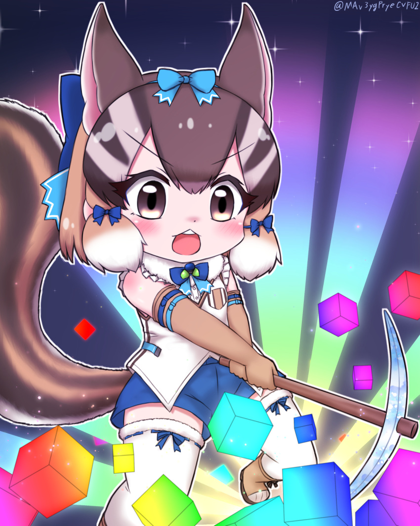 animal_ears boots brown_eyes brown_hair chipmunk_ears chipmunk_girl chipmunk_tail elbow_gloves extra_ears gloves highres kemono_friends kemono_friends_v_project kneehighs mabuta_(mbt) microphone minecraft open_mouth parody pickaxe ribbon shirt short_hair shorts siberian_chipmunk_(kemono_friends) simple_background sleeveless sleeveless_shirt socks tail vest virtual_youtuber