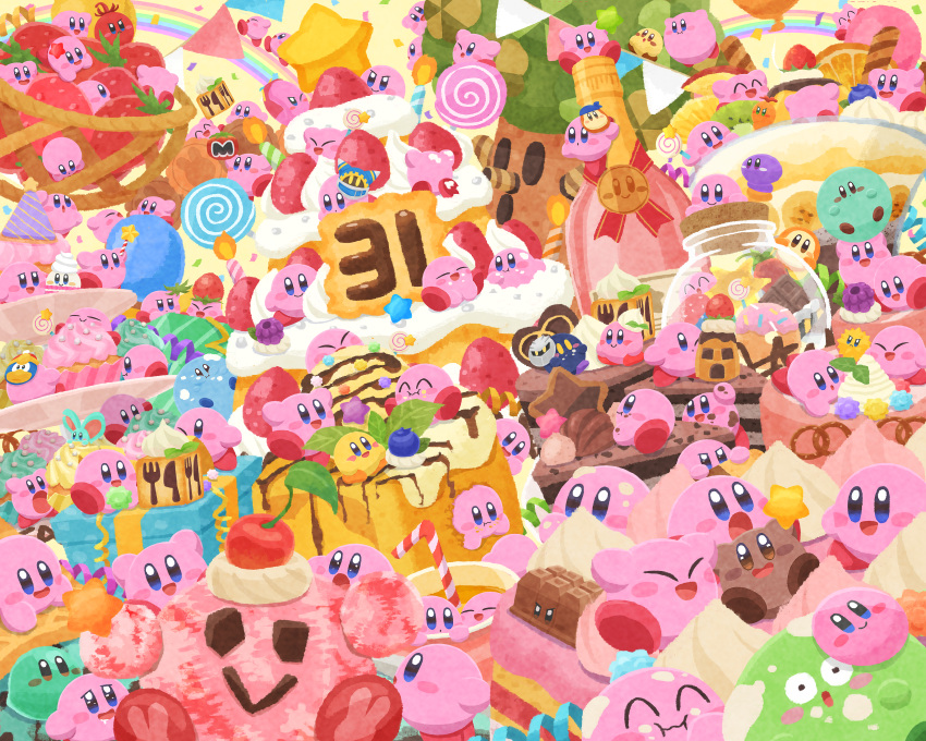 absurdres animal_ears anniversary bandana_waddle_dee basket blue_skin blueberry blush_stickers bottle cake cake_slice candle candy character_mask cherry chocolate_cake closed_eyes colored_skin confetti copy_ability drinking_straw drooling eating elfilin food food_on_face fruit green_skin happy highres invincible_candy jar kabu_(kirby) king_dedede kirby kirby's_dream_buffet kirby_(series) lollipop looking_at_another looking_at_viewer magolor mask maxim_tomato meta_knight miclot mouse_ears no_humans o_o one_eye_closed open_mouth pink_skin rainbow smile solid_oval_eyes sprinkles standing standing_on_one_leg star_(symbol) star_rod strawberry string_of_flags too_many waddle_dee whispy_woods yellow_skin